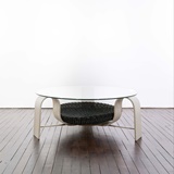 ROUND COFFEE TABLE IN GLASS , WOOD AND WICKER